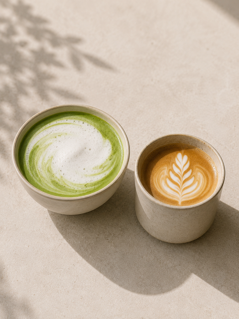 atcha latte met melkschuim naast een kopje koffie op een lichte, rustige ondergrond