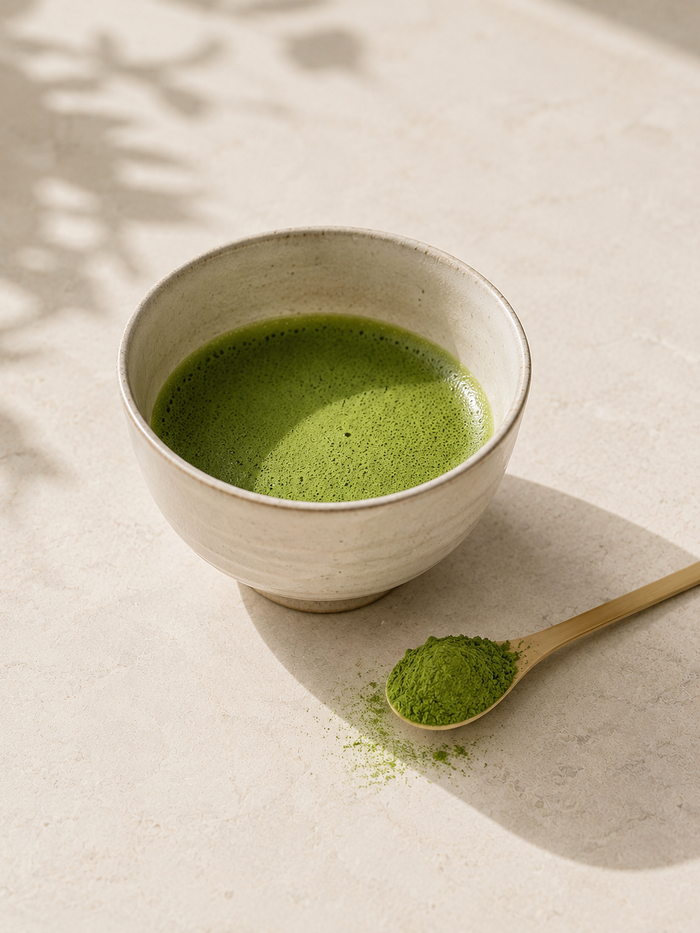Kopje matcha naast een theelepel matchapoeder op een lichte, rustige ondergrond