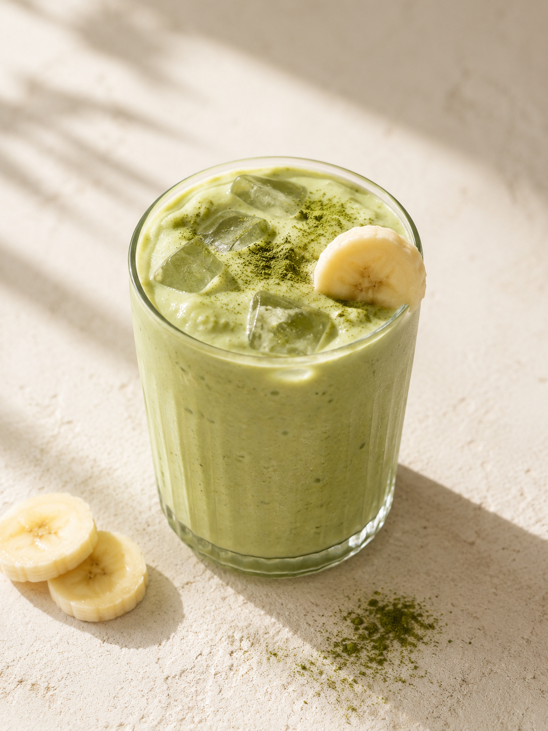 Groene matcha smoothie in een glas met banaan en ijs, romig opgeklopt op een lichte ondergrond.