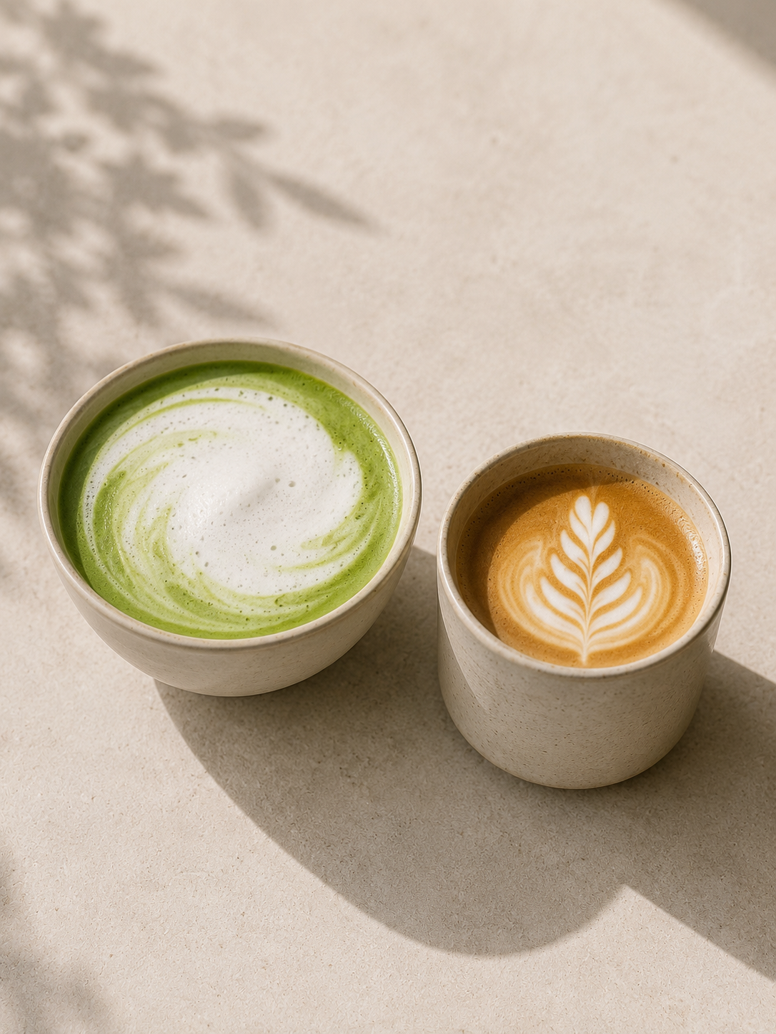 atcha latte met melkschuim naast een kopje koffie op een lichte, rustige ondergrond