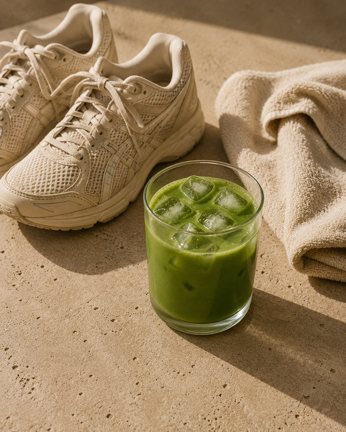 Glas iced matcha naast sportschoenen en een handdoek in ochtendlicht, klaar voor de training