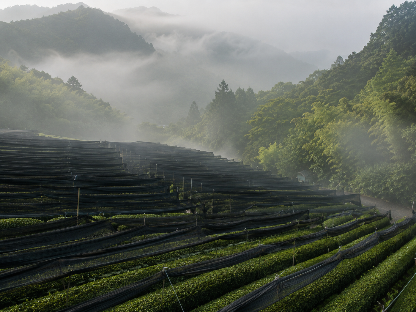 Theevelden in Uji Japan met rijen matcha planten bedekt onder schaduwdoeken, omgeven door groene heuvels en ochtendmist